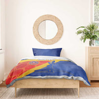 Blue football bedding set with Haiti emblem, soccer silhouette, and 'YOUR TEXT' panel