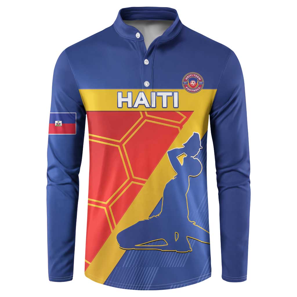 Blue button-front sweatshirt with Haiti crest and flag graphic, sleeve patch