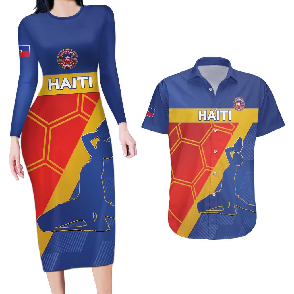 Custom Haiti Football Couples Matching Long Sleeve Bodycon Dress and Hawaiian Shirt Neg Marron Go Ayiti - Wonder Print Shop