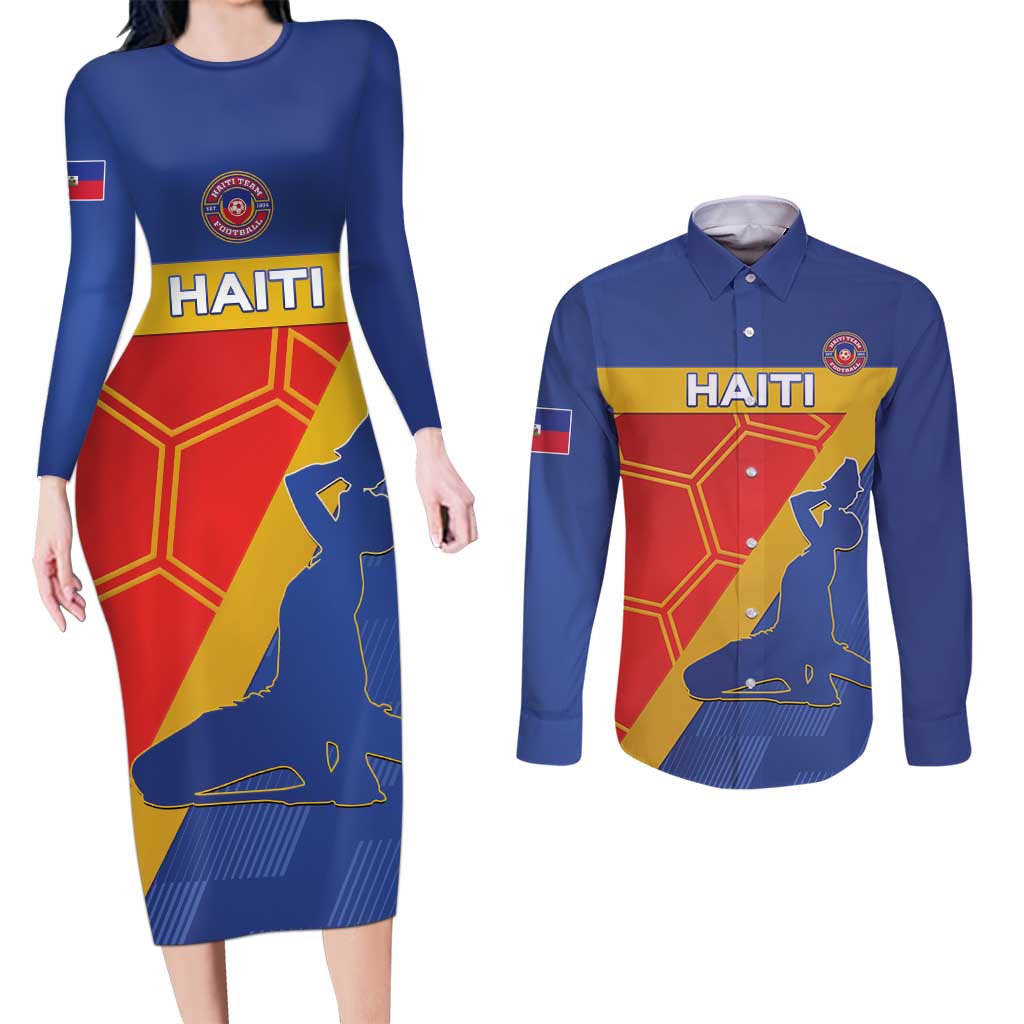 Custom Haiti Football Couples Matching Long Sleeve Bodycon Dress and Long Sleeve Button Shirt Neg Marron Go Ayiti - Wonder Print Shop