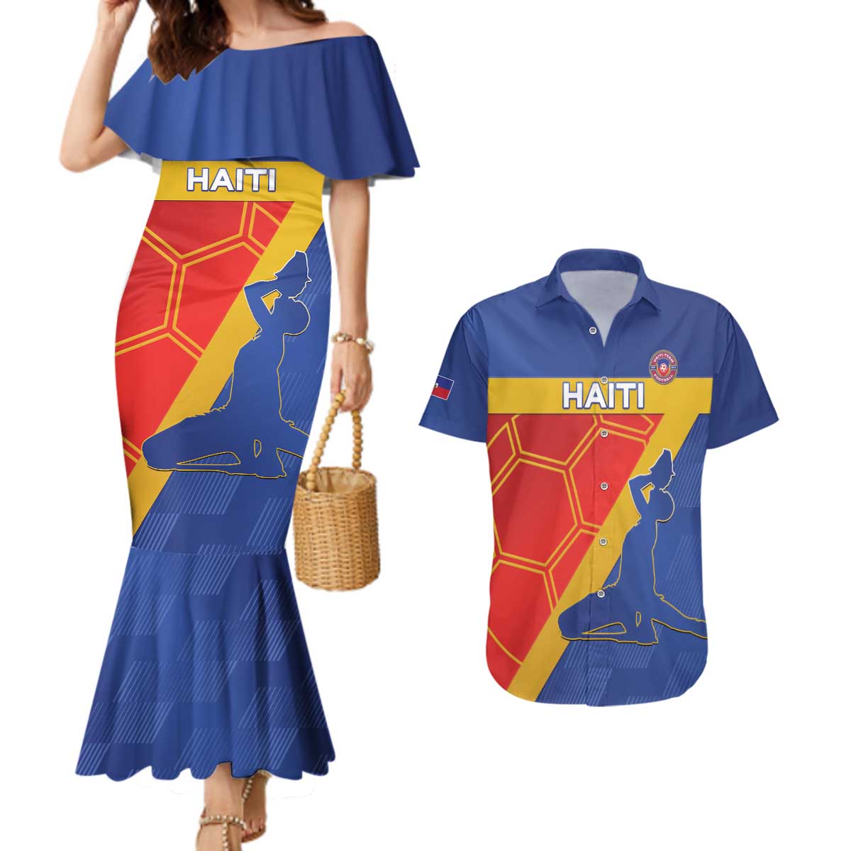 Custom Haiti Football Couples Matching Mermaid Dress and Hawaiian Shirt Neg Marron Go Ayiti - Wonder Print Shop