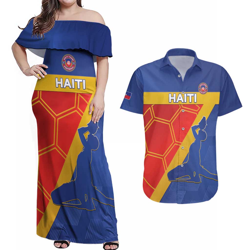 Custom Haiti Football Couples Matching Off Shoulder Maxi Dress and Hawaiian Shirt Neg Marron Go Ayiti - Wonder Print Shop