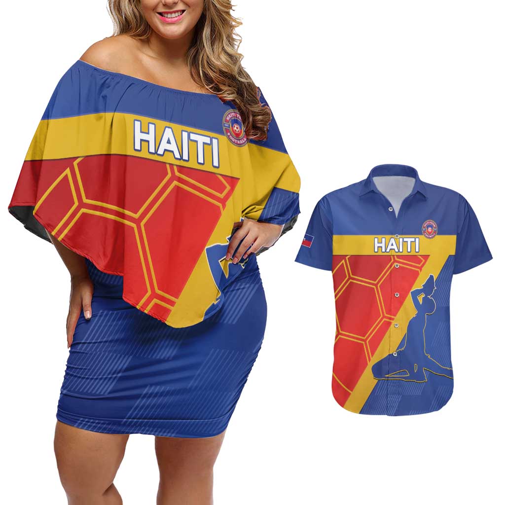 Custom Haiti Football Couples Matching Off Shoulder Short Dress and Hawaiian Shirt Neg Marron Go Ayiti - Wonder Print Shop