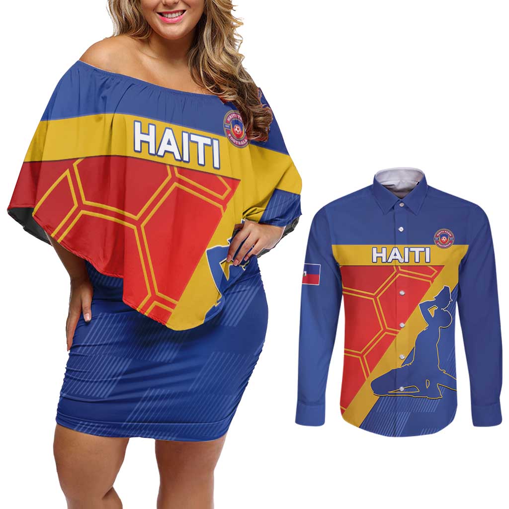 Custom Haiti Football Couples Matching Off Shoulder Short Dress and Long Sleeve Button Shirt Neg Marron Go Ayiti - Wonder Print Shop