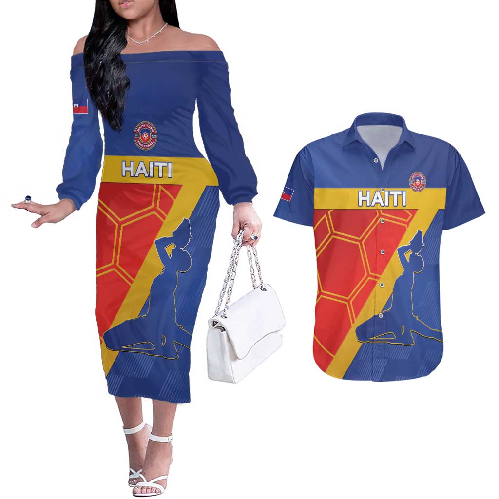 Custom Haiti Football Couples Matching Off The Shoulder Long Sleeve Dress and Hawaiian Shirt Neg Marron Go Ayiti - Wonder Print Shop