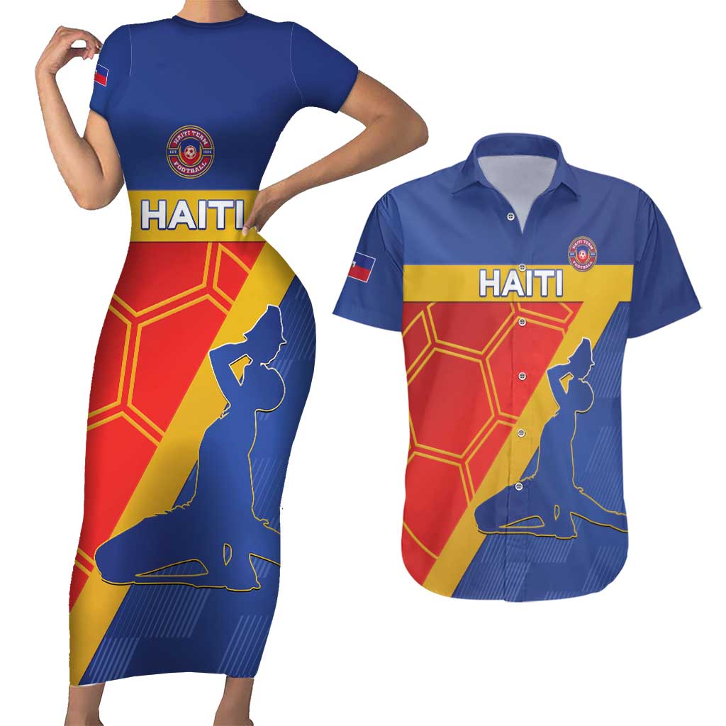 Custom Haiti Football Couples Matching Short Sleeve Bodycon Dress and Hawaiian Shirt Neg Marron Go Ayiti - Wonder Print Shop