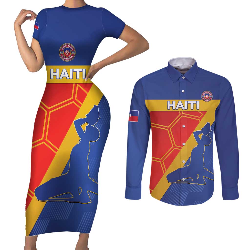 Custom Haiti Football Couples Matching Short Sleeve Bodycon Dress and Long Sleeve Button Shirt Neg Marron Go Ayiti - Wonder Print Shop