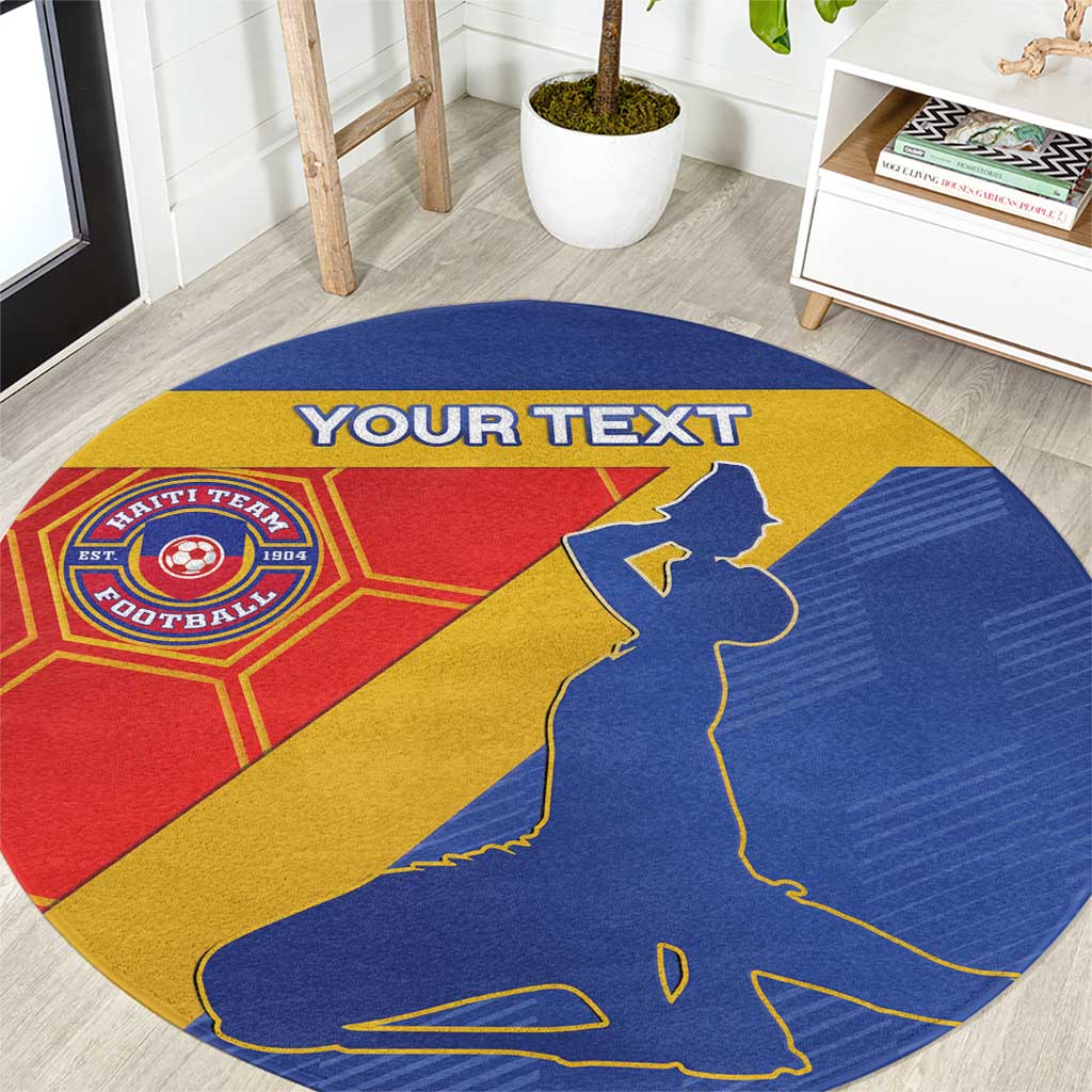 Round football area rug with Haiti emblem, player silhouette, red yellow blue, custom text