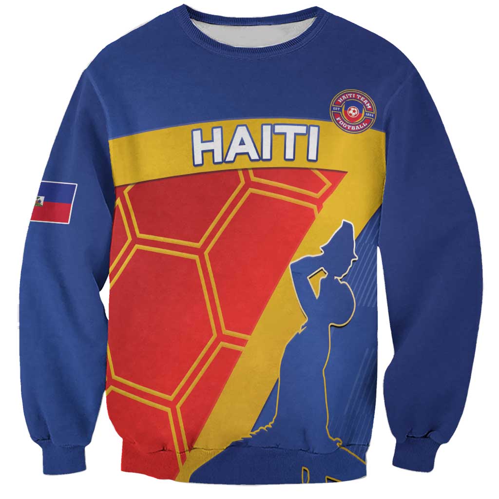 Unisex blue crewneck sweatshirt with Haiti graphic and flag patch sleeves
