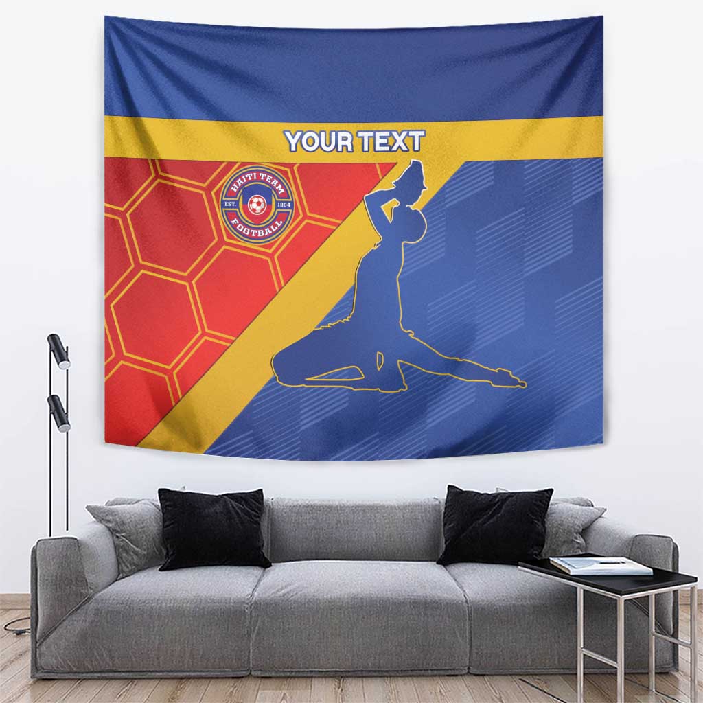 Football tapestry with blue, red, yellow geometric stripes, kneeling player, and YOUR TEXT
