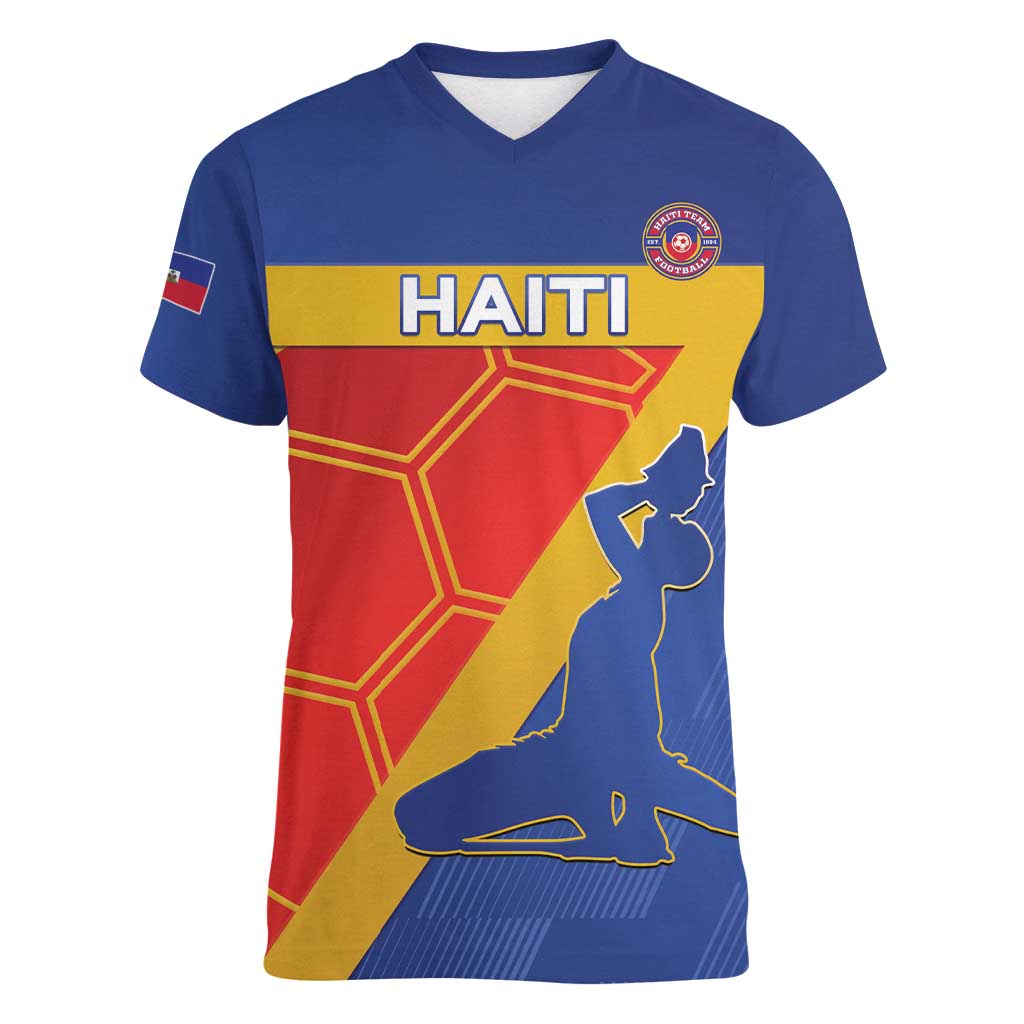 Custom Haiti Football Women V-Neck T-Shirt Neg Marron Go Ayiti - Wonder Print Shop