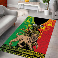 Personalized Ethiopia area rug featuring a lion and “YOUR TEXT” in green, red, and black