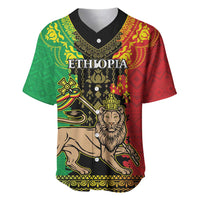 Red and green V-neck baseball jersey with gold lion emblem and Ethiopia lettering