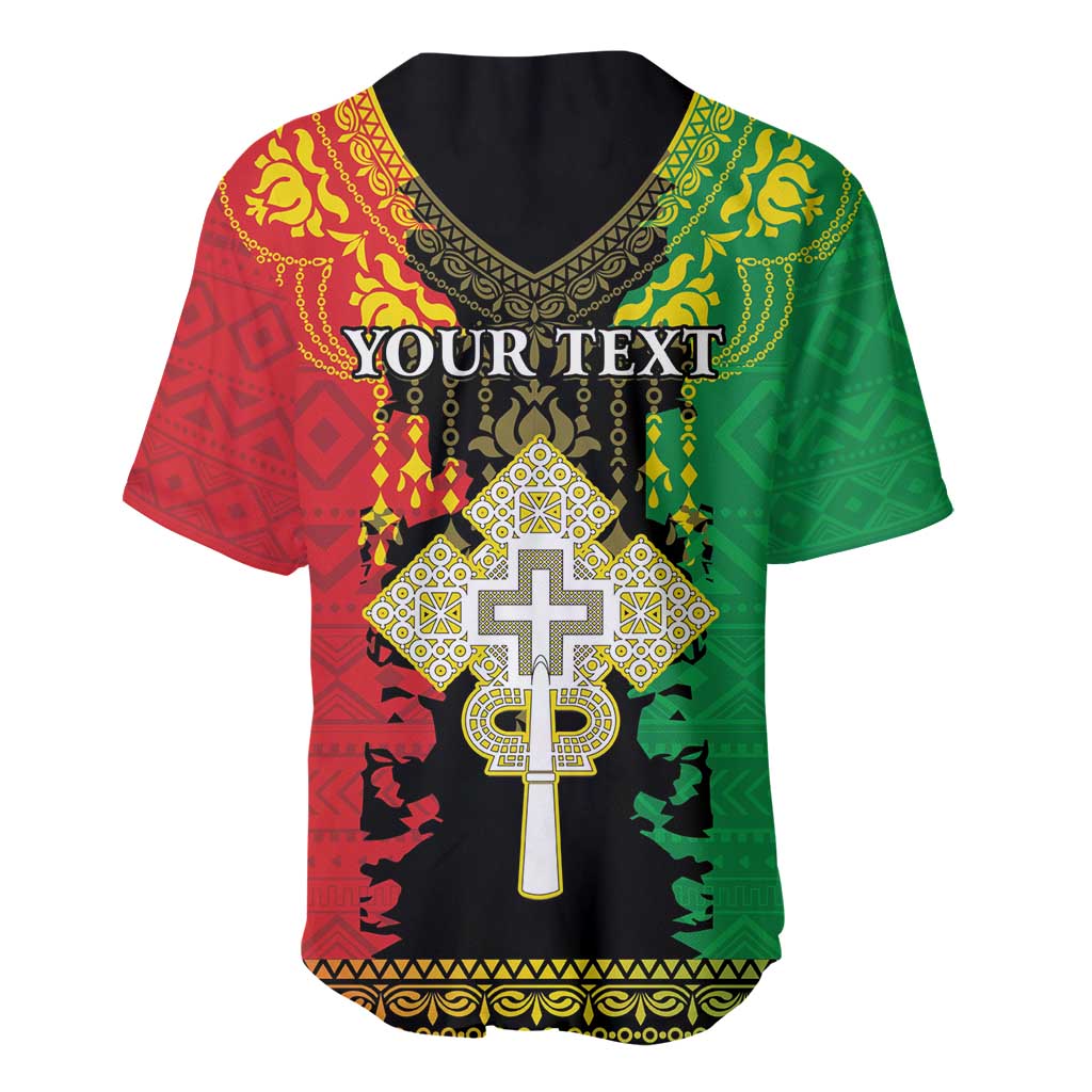 Red and green V-neck baseball jersey with gold cross design and “YOUR TEXT” on chest