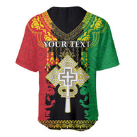 Red and green V-neck baseball jersey with gold cross design and “YOUR TEXT” on chest