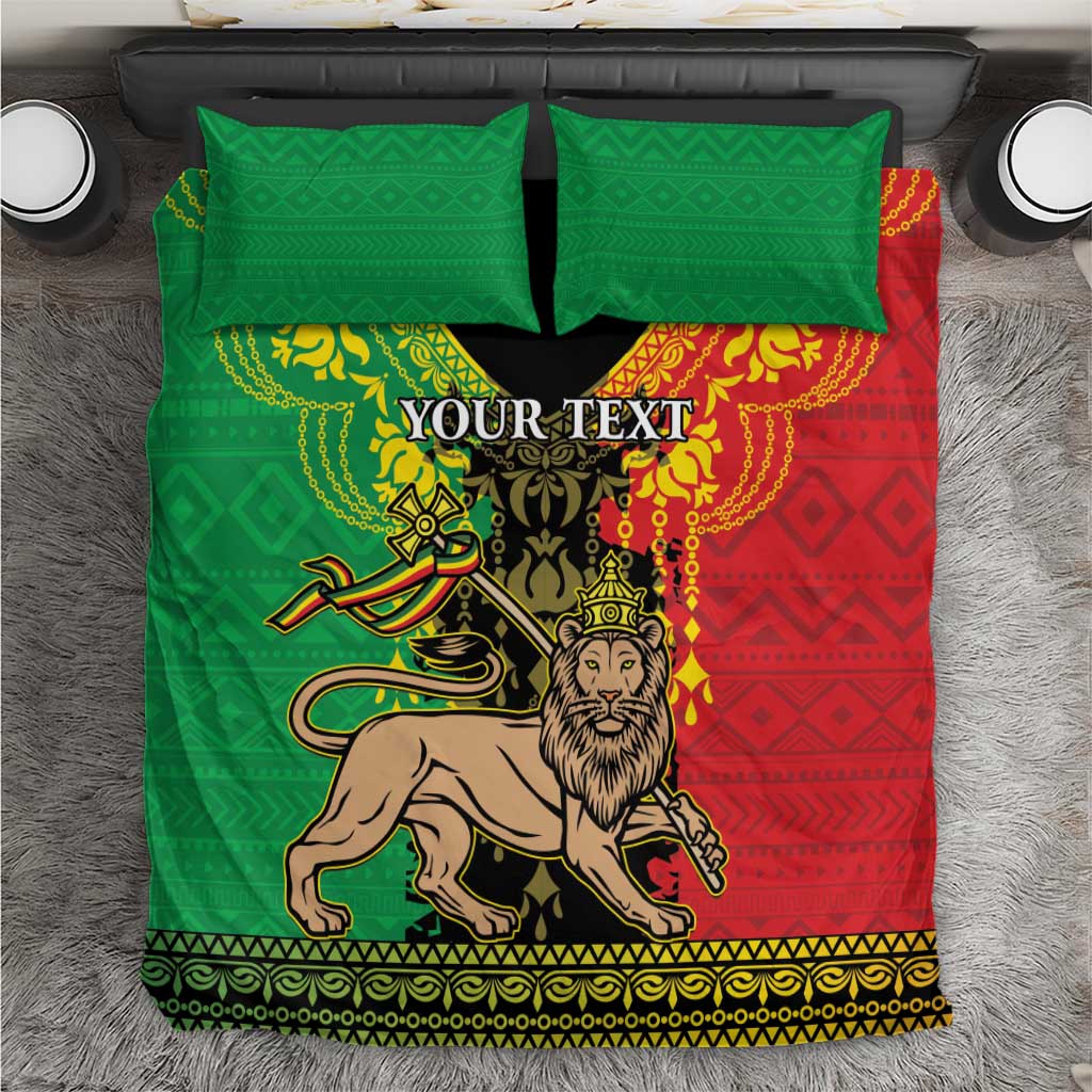 Personalized Ethiopia bedding set: green pillows, red/black lion of Judah, "YOUR TEXT"