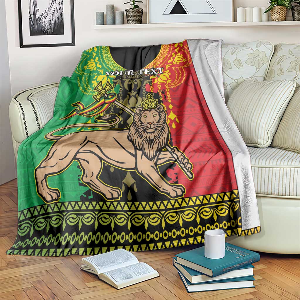 Personalized Ethiopia lion blanket with green red black pattern and lion emblem