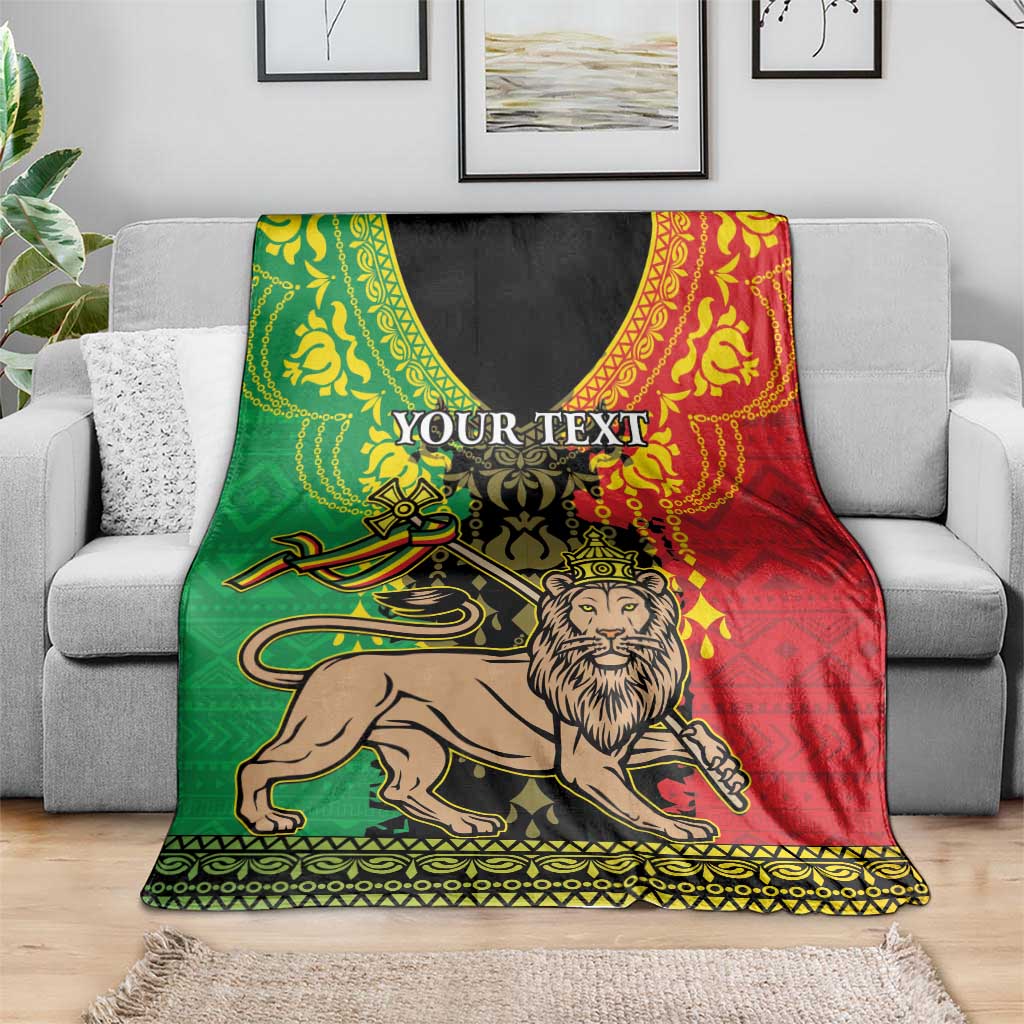 Personalized Ethiopia lion blanket on a sofa, green red black tribal pattern