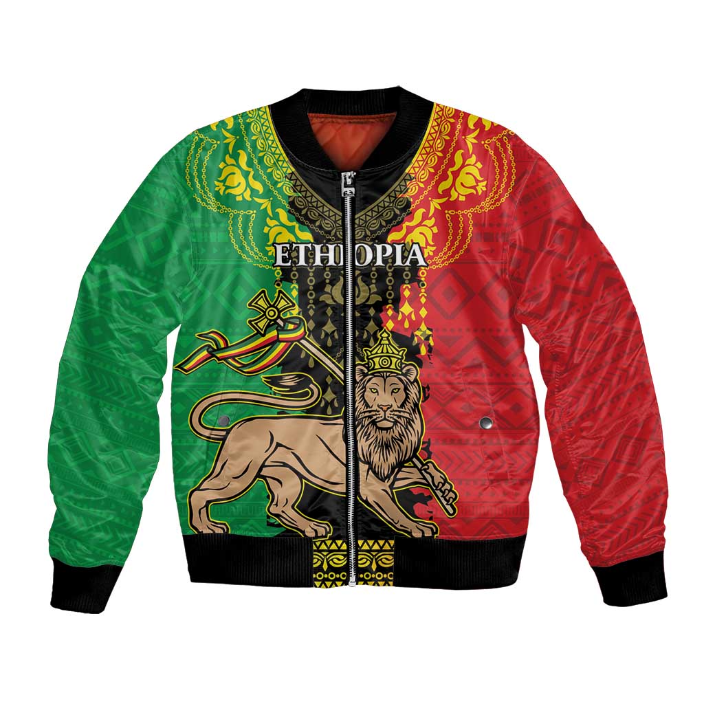 Red and green African patterned bomber jacket with lion emblem, full zip, black ribbed cuffs