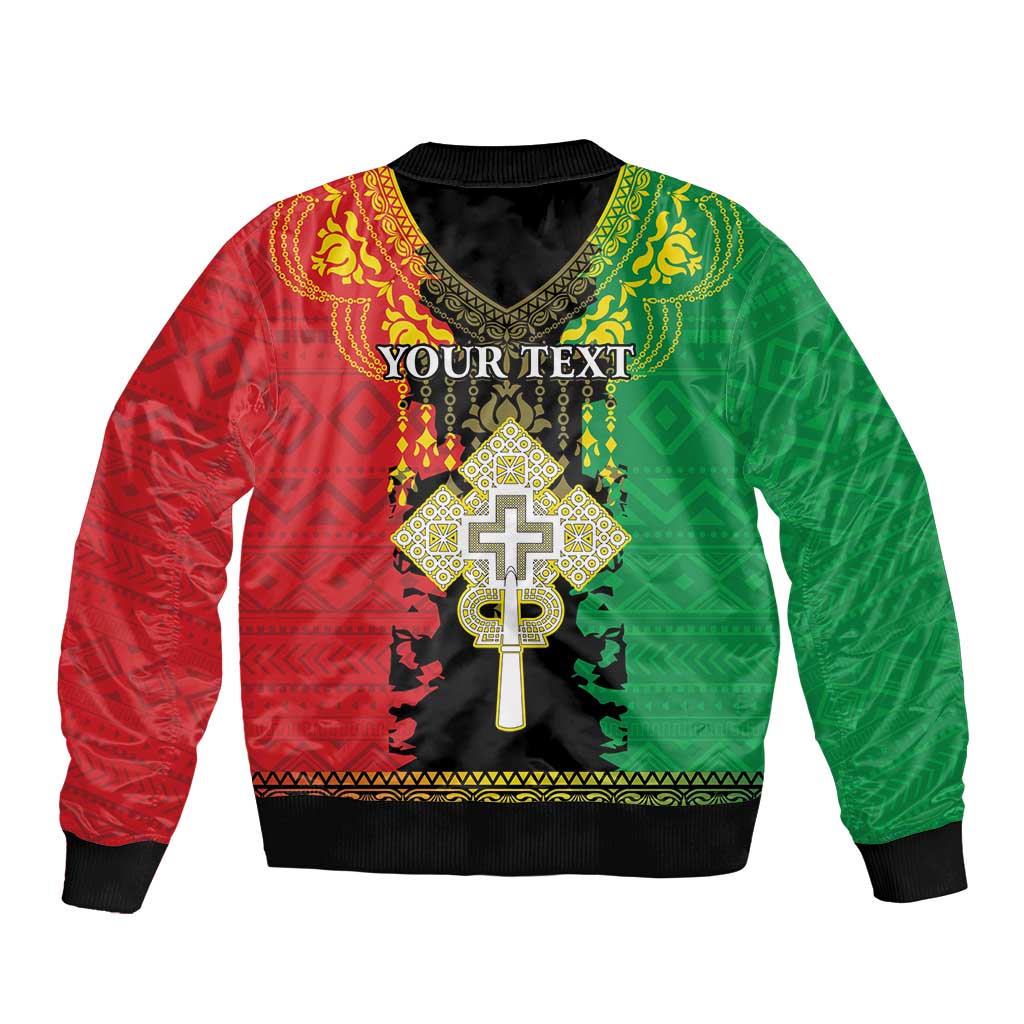 Red and green patterned bomber jacket with Your Text and cross graphic, full zip, ribbed hem