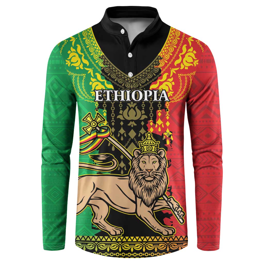 Ethiopia-themed button sweatshirt with lion graphic, red and green patterned design