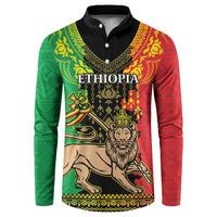 Ethiopia-themed button sweatshirt with lion graphic, red and green patterned design