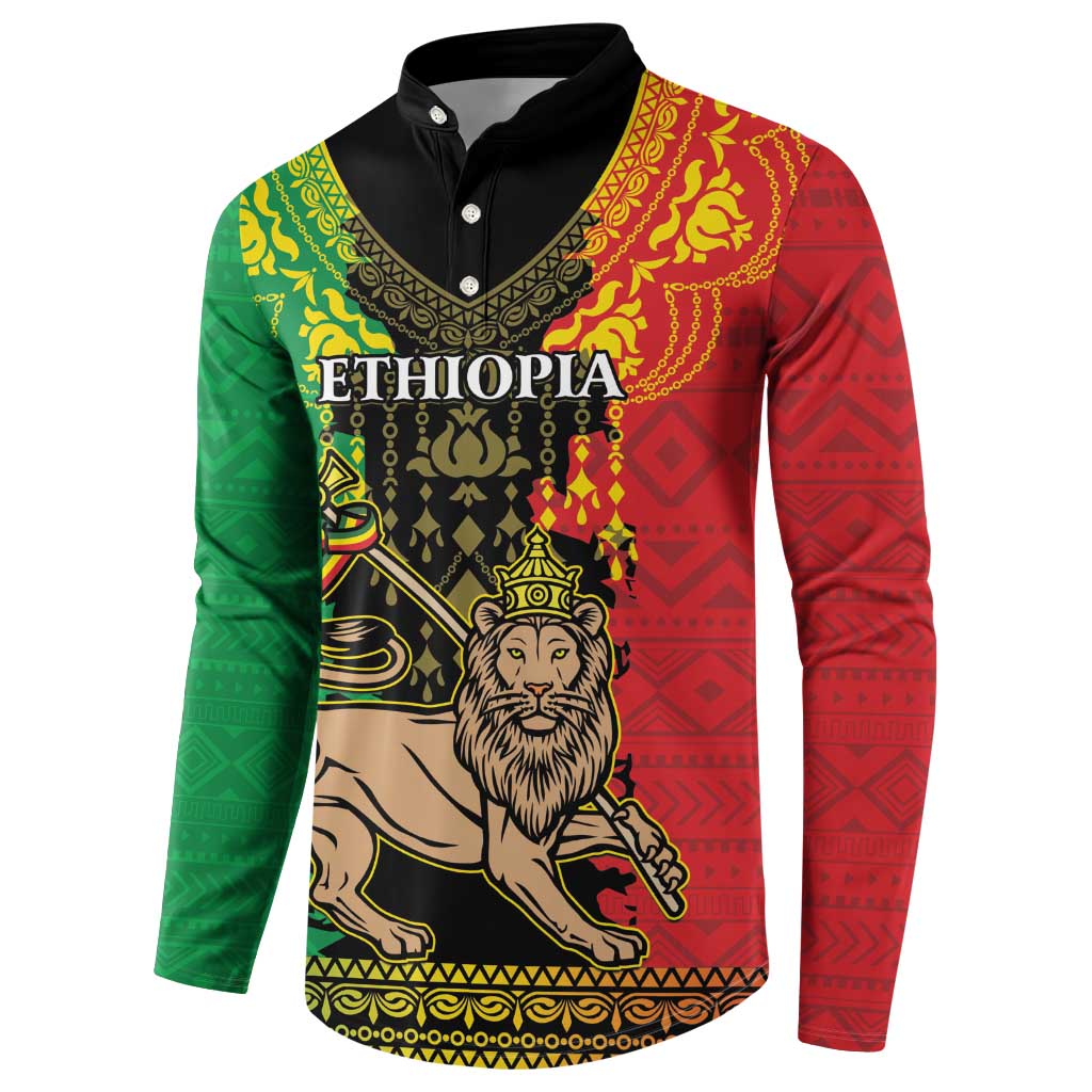 Ethiopia button sweatshirt with lion and ETHIOPIA print, red and green tribal pattern