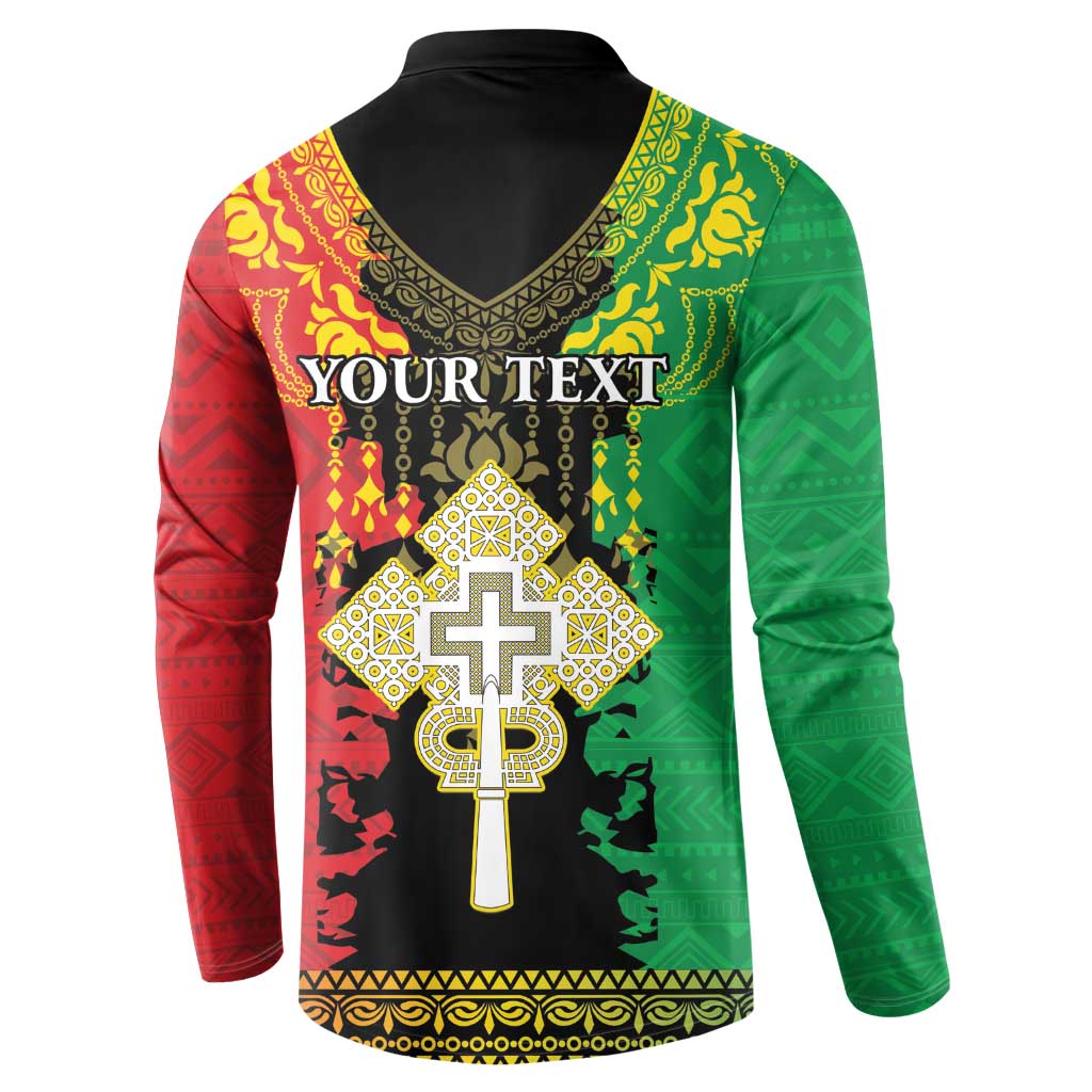 Back view Ethiopia button sweatshirt with YOUR TEXT and gold cross, red and green pattern