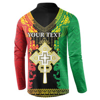 Back view Ethiopia button sweatshirt with YOUR TEXT and gold cross, red and green pattern