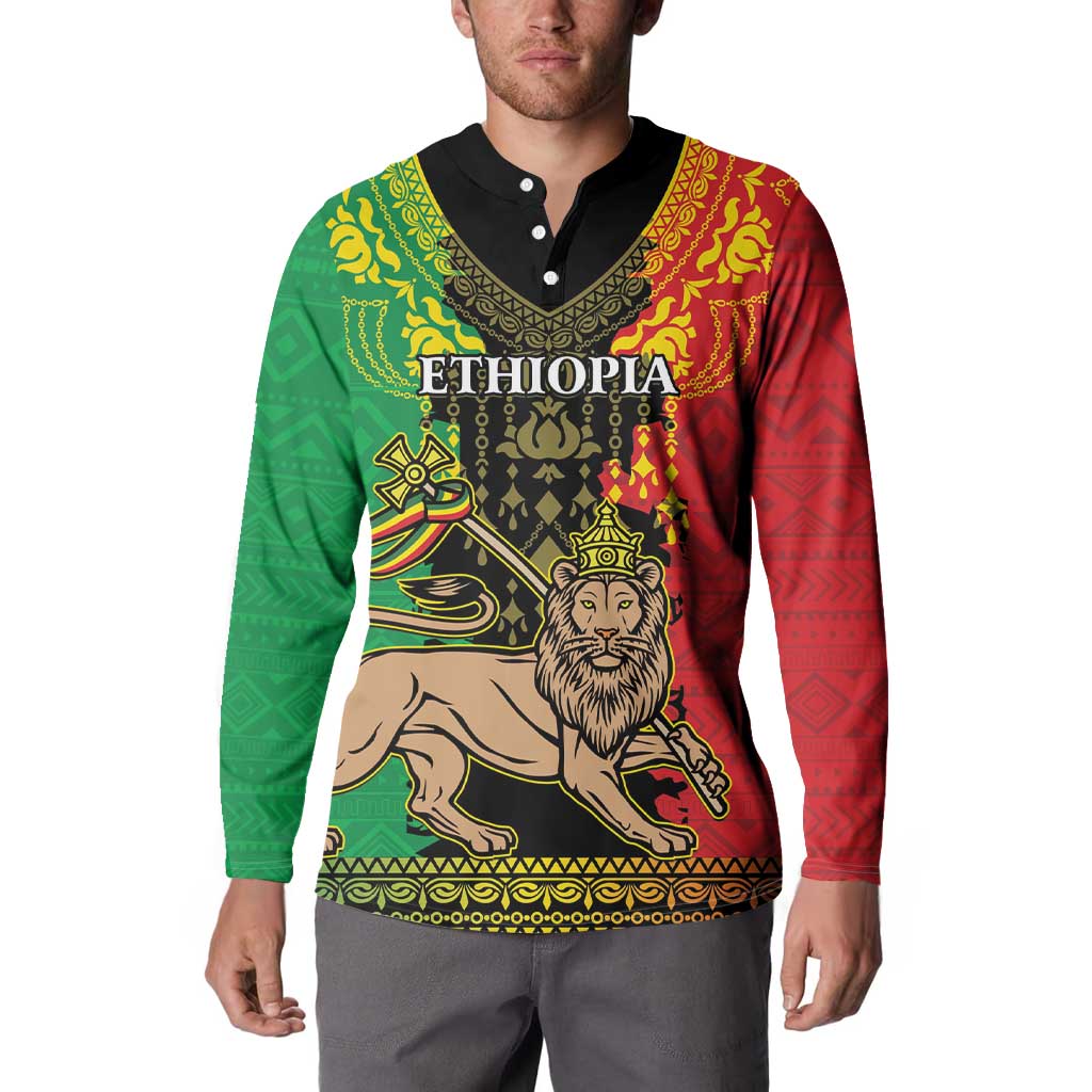 Long-sleeve Ethiopia button sweatshirt with lion portrait and ETHIOPIA print, red and green