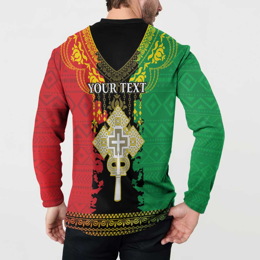 Back view long-sleeve button sweatshirt with YOUR TEXT and gold cross emblem, red and green