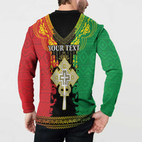 Back view long-sleeve button sweatshirt with YOUR TEXT and gold cross emblem, red and green