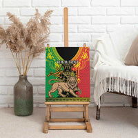 Personalised canvas wall art showing Lion of Judah with “YOUR TEXT” over green and red patterns
