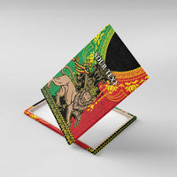 Angled canvas print of Lion of Judah artwork in green, red, and black with “YOUR TEXT”