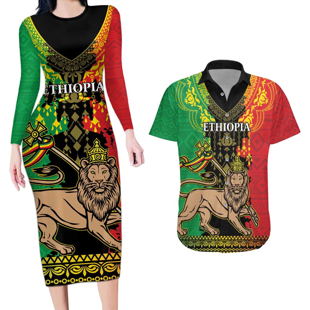 Personalised Ethiopia Couples Matching Long Sleeve Bodycon Dress and Hawaiian Shirt Lion Of Judah Mix African Pattern