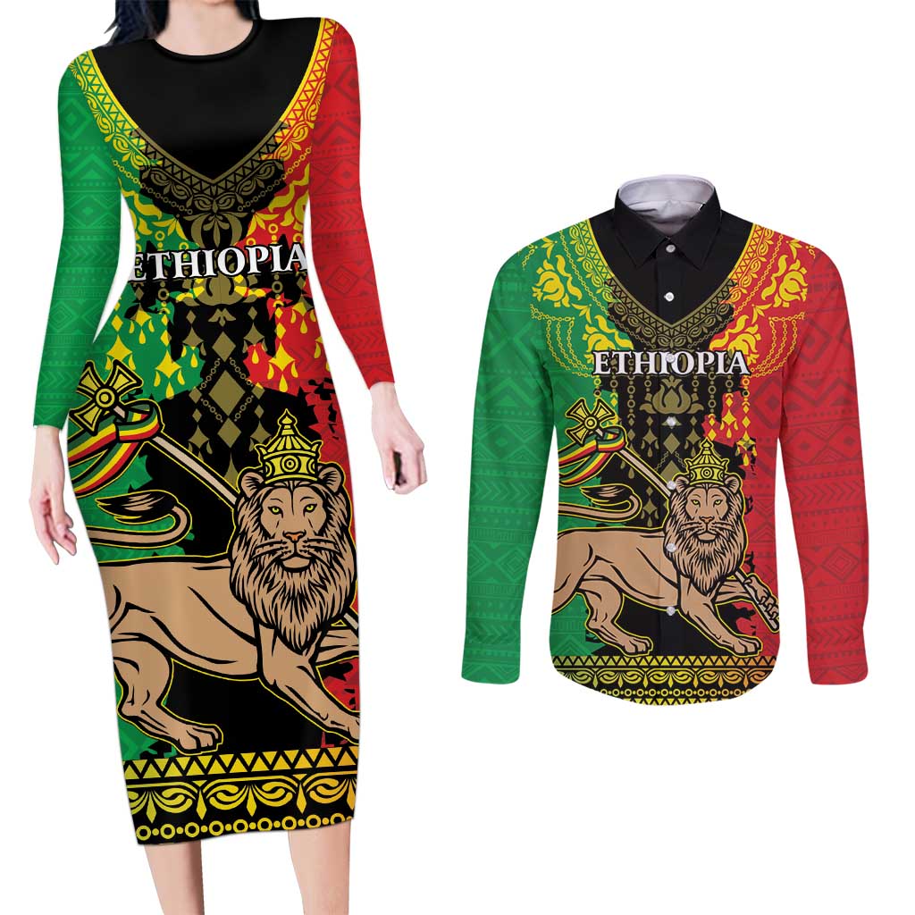 Personalised Ethiopia Couples Matching Long Sleeve Bodycon Dress and Long Sleeve Button Shirt Lion Of Judah Mix African Pattern