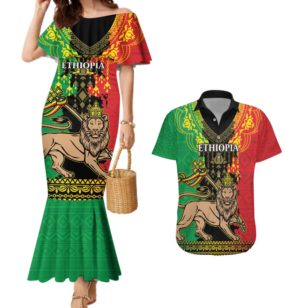 Personalised Ethiopia Couples Matching Mermaid Dress and Hawaiian Shirt Lion Of Judah Mix African Pattern