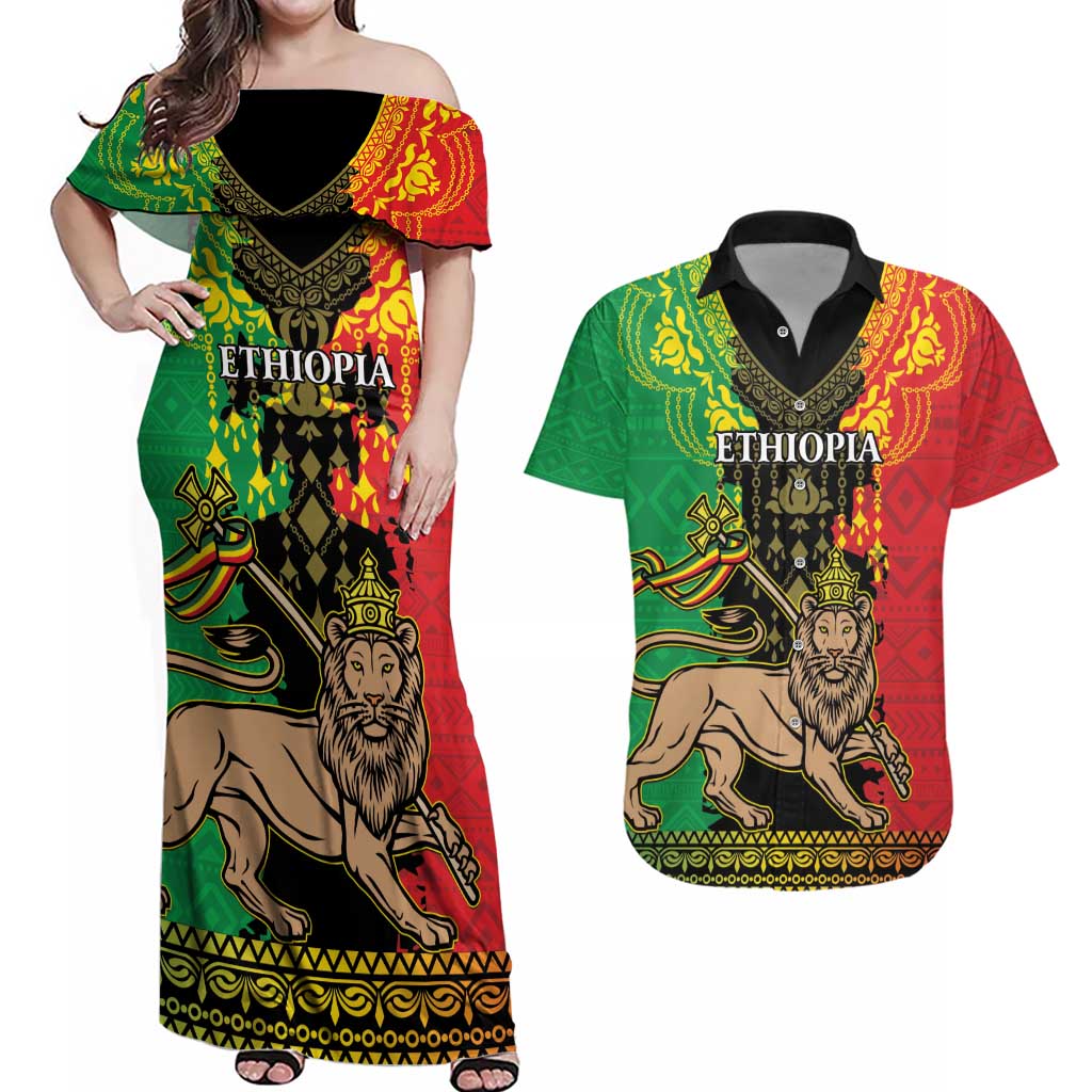 Personalised Ethiopia Couples Matching Off Shoulder Maxi Dress and Hawaiian Shirt Lion Of Judah Mix African Pattern