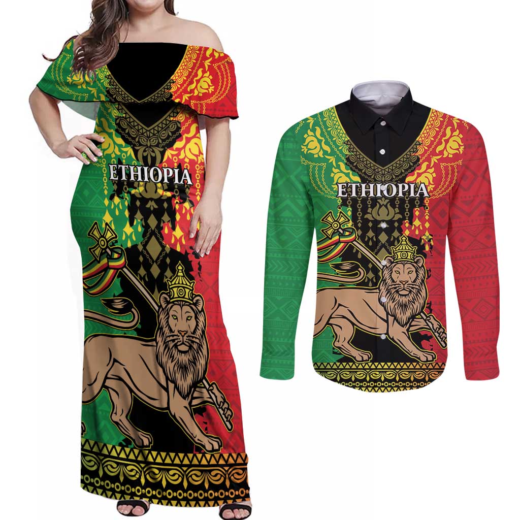 Personalised Ethiopia Couples Matching Off Shoulder Maxi Dress and Long Sleeve Button Shirt Lion Of Judah Mix African Pattern