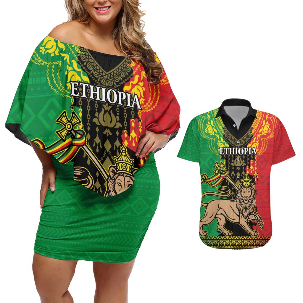 Personalised Ethiopia Couples Matching Off Shoulder Short Dress and Hawaiian Shirt Lion Of Judah Mix African Pattern