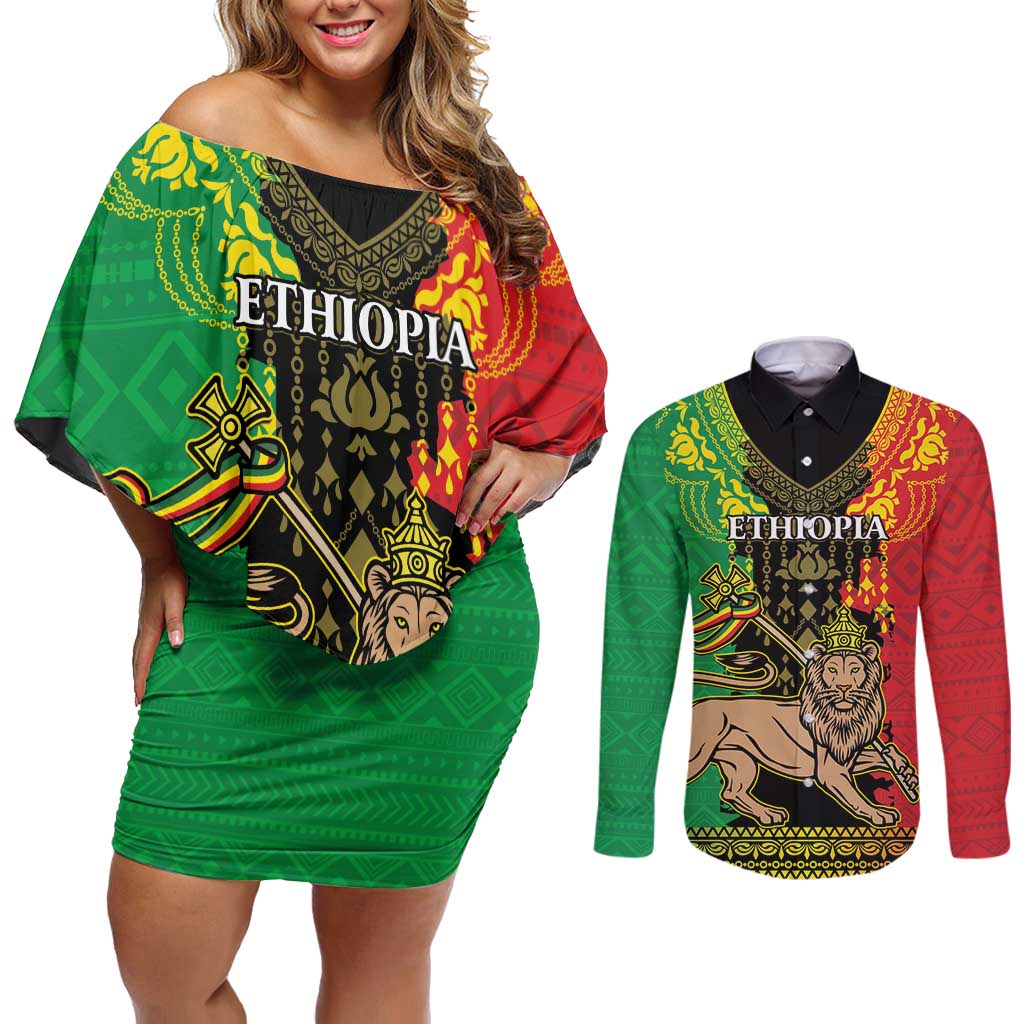 Personalised Ethiopia Couples Matching Off Shoulder Short Dress and Long Sleeve Button Shirt Lion Of Judah Mix African Pattern