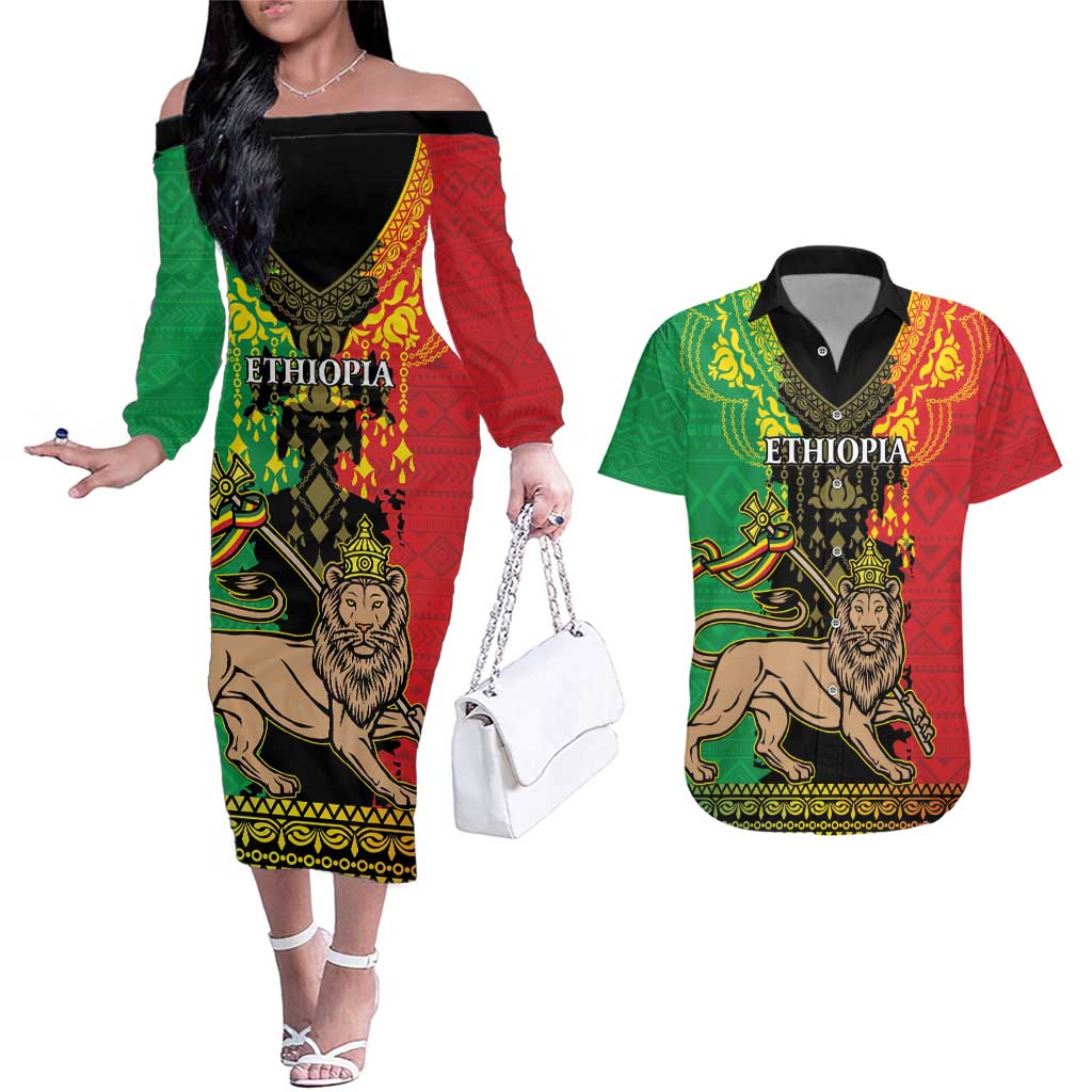 Personalised Ethiopia Couples Matching Off The Shoulder Long Sleeve Dress and Hawaiian Shirt Lion Of Judah Mix African Pattern