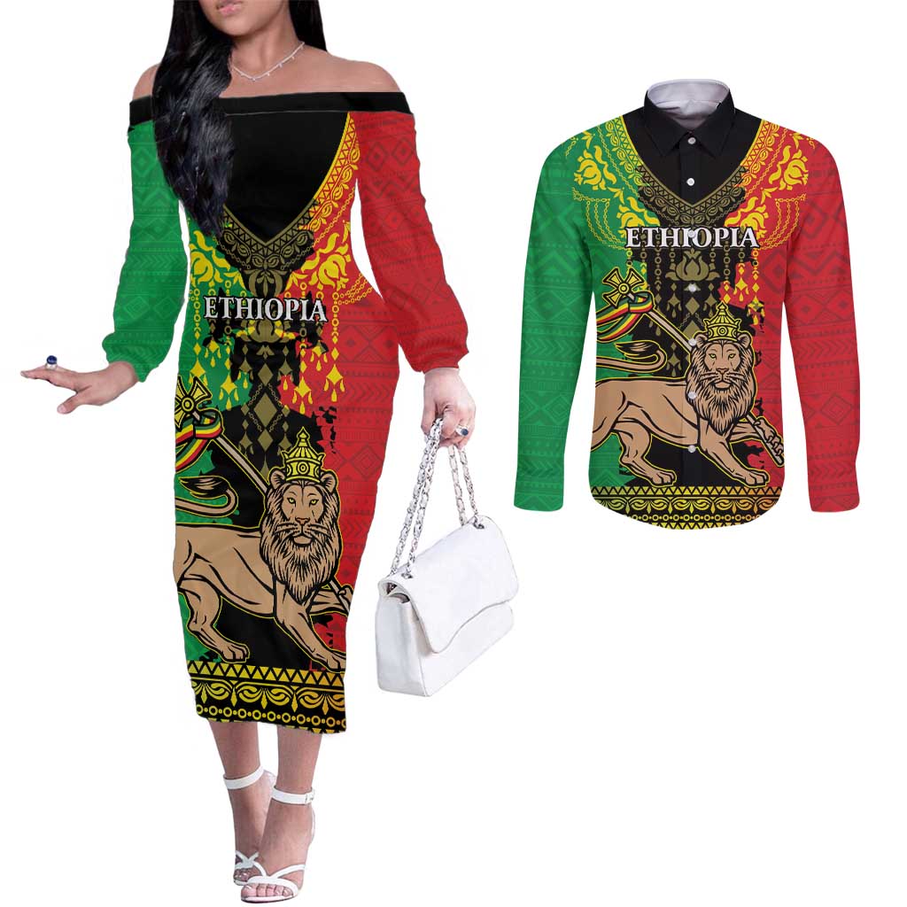 Personalised Ethiopia Couples Matching Off The Shoulder Long Sleeve Dress and Long Sleeve Button Shirt Lion Of Judah Mix African Pattern