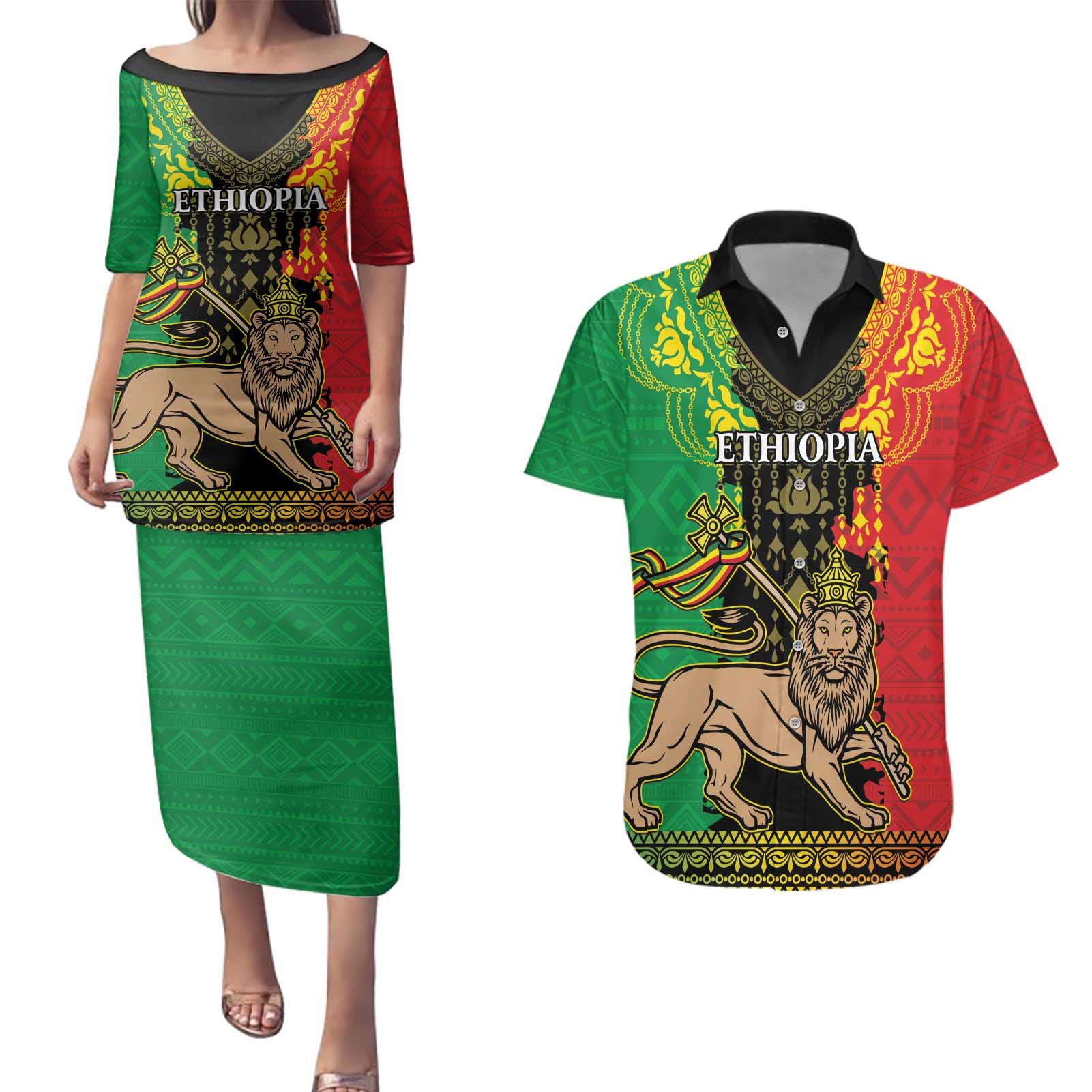 Personalised Ethiopia Couples Matching Puletasi and Hawaiian Shirt Lion Of Judah Mix African Pattern