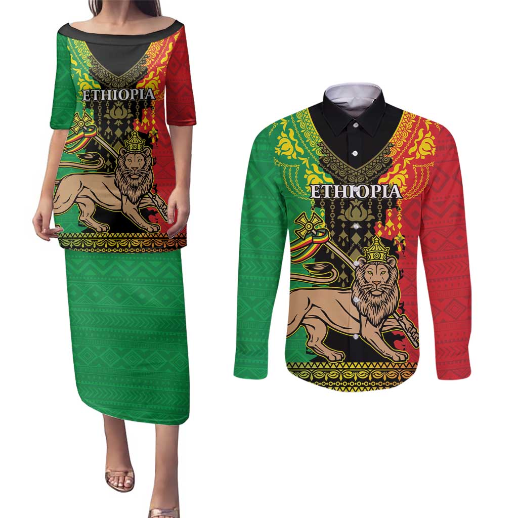 Personalised Ethiopia Couples Matching Puletasi and Long Sleeve Button Shirt Lion Of Judah Mix African Pattern