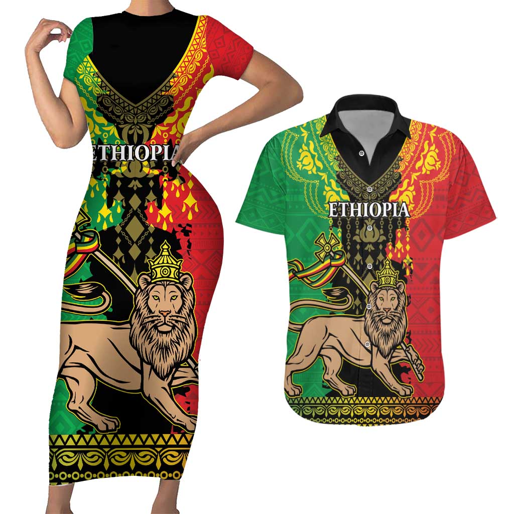 Personalised Ethiopia Couples Matching Short Sleeve Bodycon Dress and Hawaiian Shirt Lion Of Judah Mix African Pattern