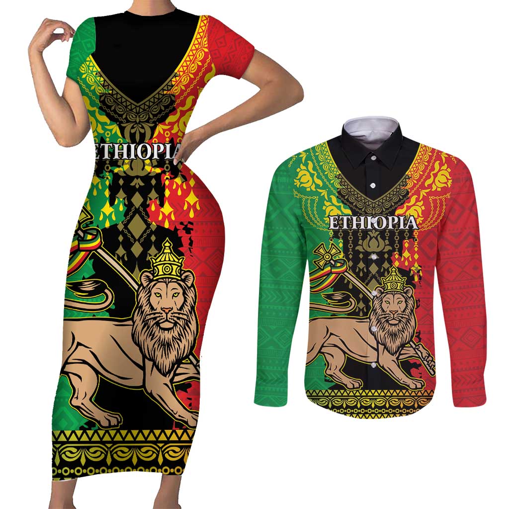 Personalised Ethiopia Couples Matching Short Sleeve Bodycon Dress and Long Sleeve Button Shirt Lion Of Judah Mix African Pattern