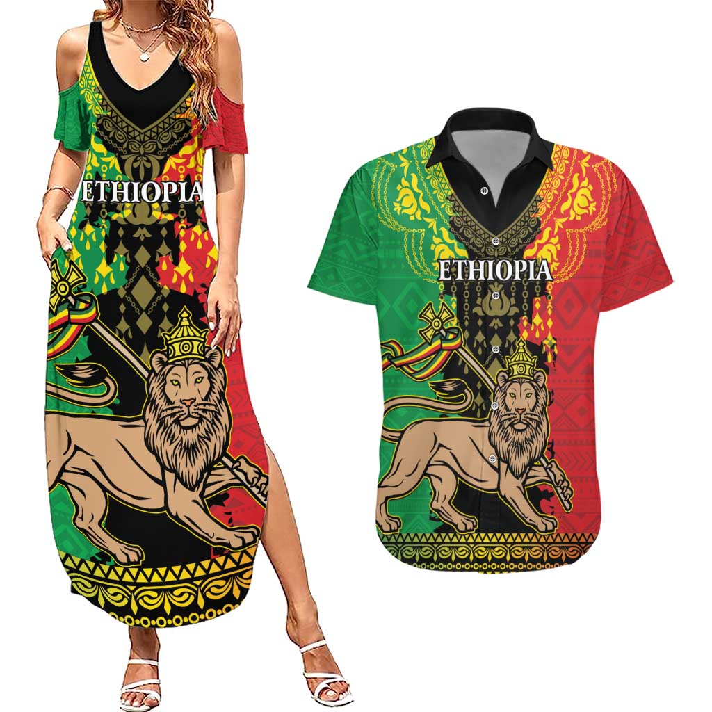 Personalised Ethiopia Couples Matching Summer Maxi Dress and Hawaiian Shirt Lion Of Judah Mix African Pattern