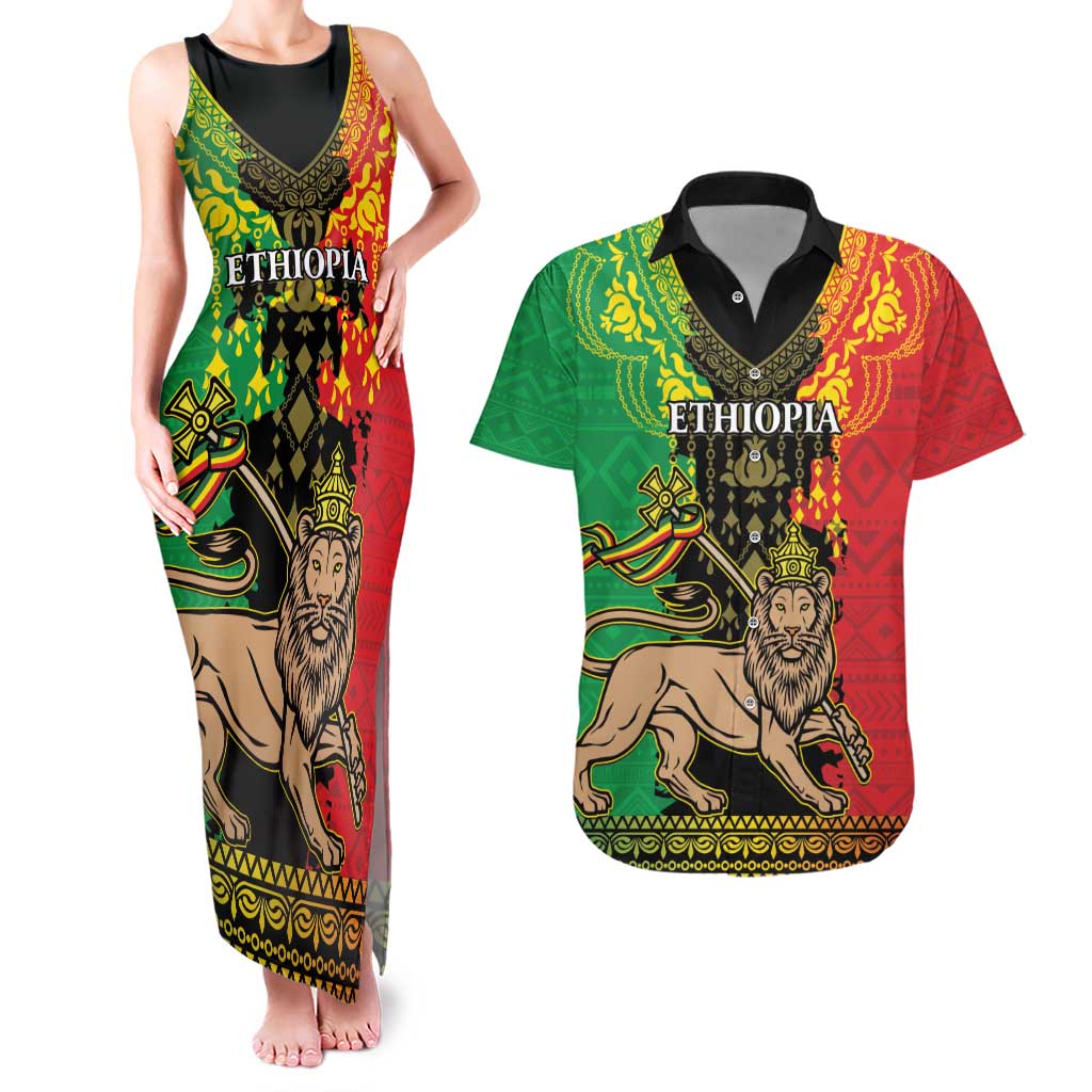 Personalised Ethiopia Couples Matching Tank Maxi Dress and Hawaiian Shirt Lion Of Judah Mix African Pattern