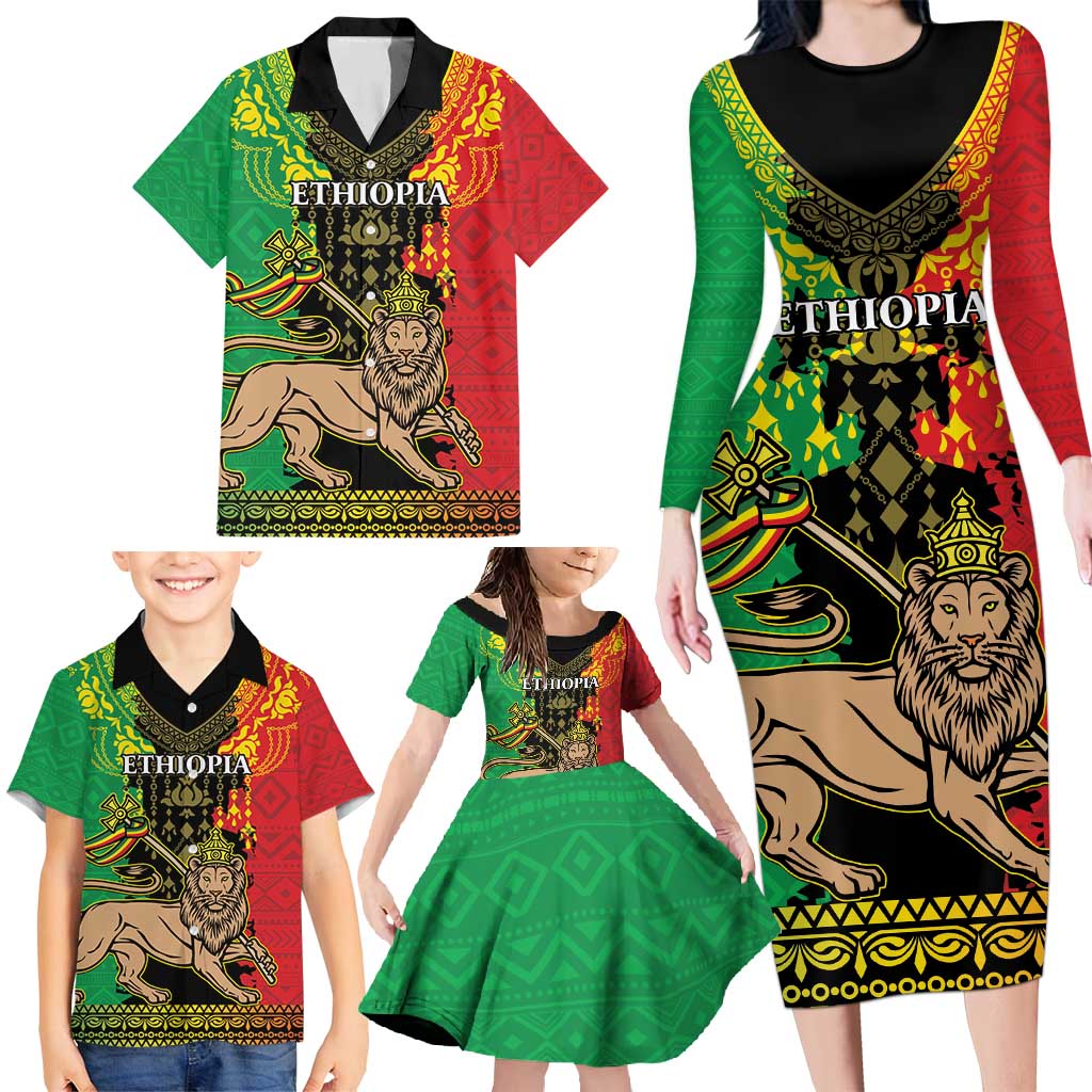 Personalised Ethiopia Family Matching Long Sleeve Bodycon Dress and Hawaiian Shirt Lion Of Judah Mix African Pattern